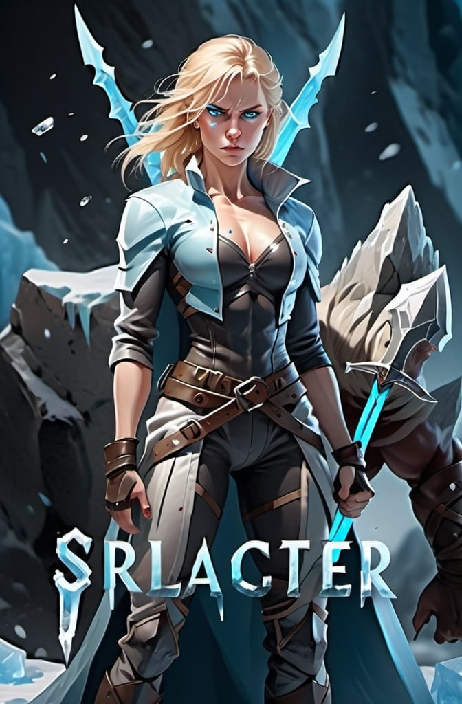 Prompt:  Female figure. Greater bicep definition. Sharper, clearer blue eyes. Blonde hair flapping. Nosebleed. Frostier, glacier effects. Fierce combat stance. Holding ice daggers. 