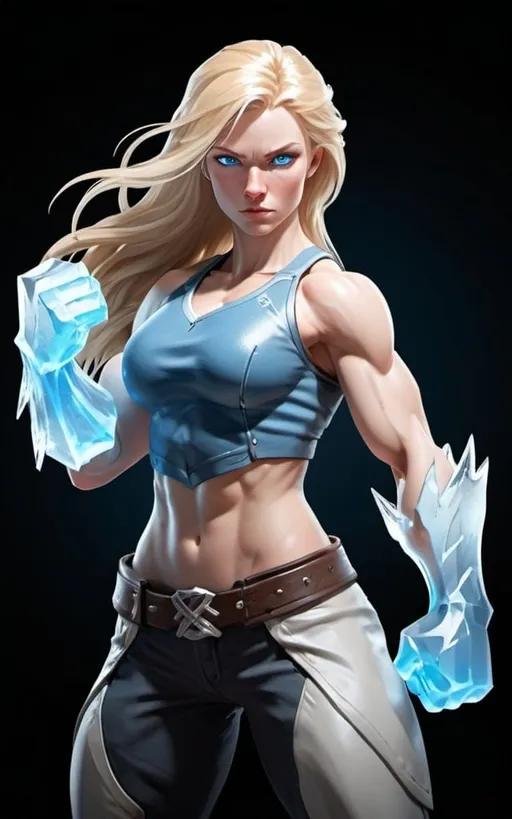 Prompt: Female figure. Greater bicep definition. Sharper, clearer blue eyes. Long Blonde hair flapping. Frostier, glacier effects. Fierce combat stance. Icy Knuckles. 