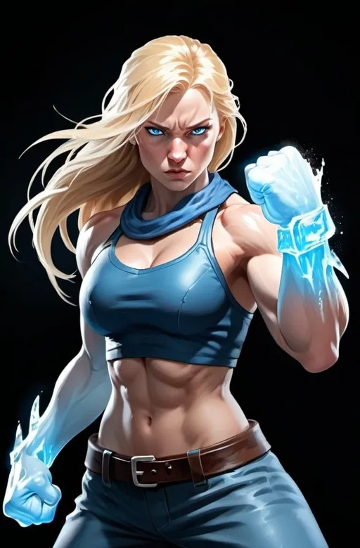 Prompt: Female figure. Greater bicep definition. Sharper, clearer blue eyes. Nosebleed. Long Blonde hair flapping. Frostier, glacier effects. Fierce combat stance. Raging Fists. Icy Knuckles. 