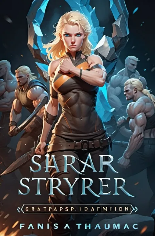 Prompt: Female figure. Greater bicep definition. Sharper, clearer blue eyes. Blonde hair flapping. Frostier, glacier effects. Fierce combat stance.