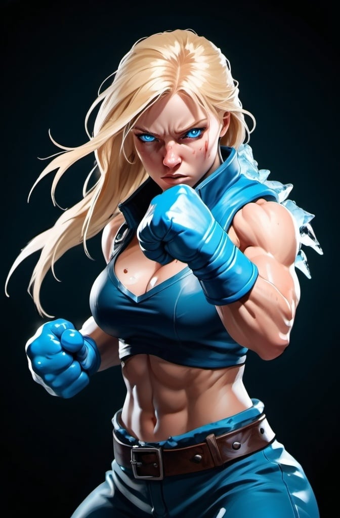 Prompt: Female figure. Greater bicep definition. Sharper, clearer blue eyes. Bleeding. Long Blonde hair flapping. Frostier, glacier effects. Fierce combat stance. Raging Fists. Icy Knuckles.