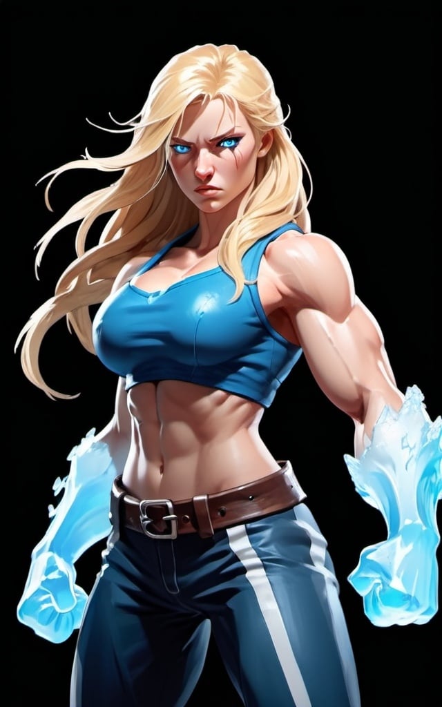 Prompt: Female figure. Greater bicep definition. Sharper, clearer blue eyes. Nosebleed. Long Blonde hair flapping. Frostier, glacier effects. Fierce combat stance. Raging Fists. Icy Knuckles. 