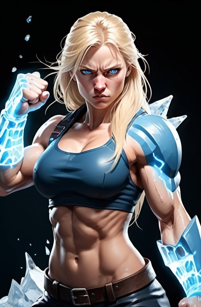 Prompt: Female figure. Greater bicep definition. Sharper, clearer blue eyes. Nosebleed. Long Blonde hair flapping. Frostier, glacier effects. Fierce combat stance. Raging Fists. Icy Knuckles.