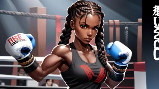 Prompt:  Female figure. Black. Greater bicep definition. Dark skin. Brown eyes. Two long braided pigtails. Black hair. Fierce combat Stance. Raging Fists. Boxing Champion.   