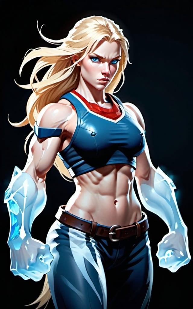 Prompt: Female figure. Greater bicep definition. Sharper, clearer blue eyes. Long Blonde hair flapping. Frostier, glacier effects. Fierce combat stance. Icy Knuckles.