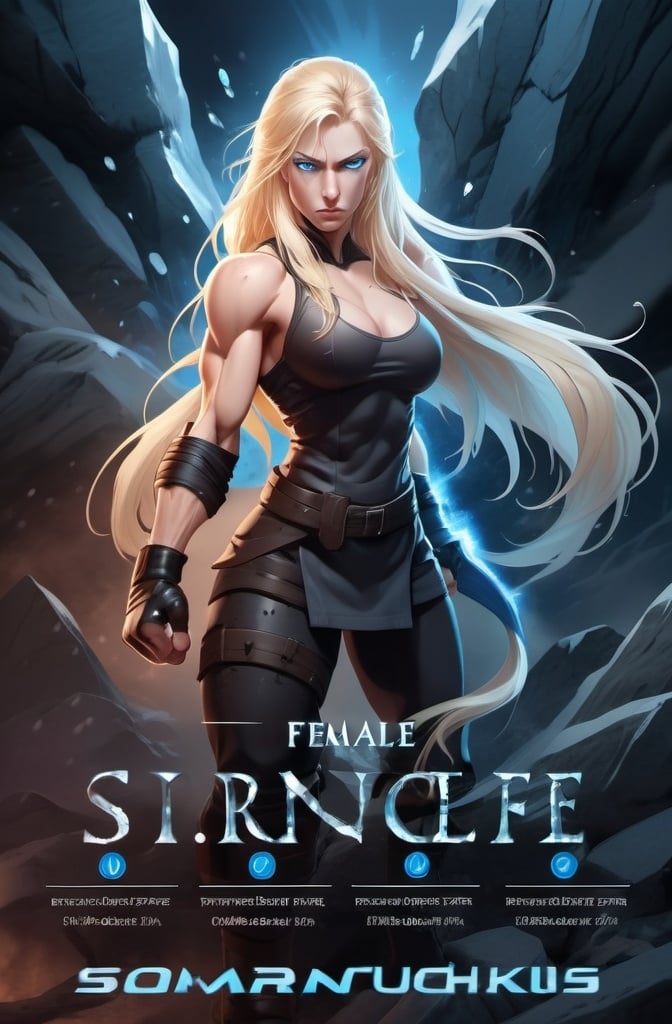 Prompt: Female figure. Greater bicep definition. Sharper, clearer blue eyes. Nosebleed. Long Blonde hair flapping. Frostier, glacier effects. Fierce combat stance. Raging Fists. Icy Knuckles.