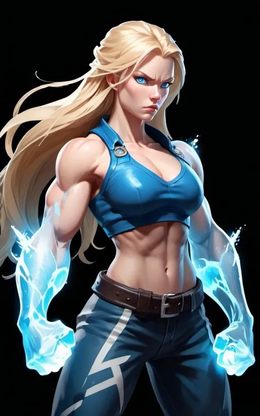 Prompt: Female figure. Greater bicep definition. Sharper, clearer blue eyes. Long Blonde hair flapping. Frostier, glacier effects. Fierce combat stance. Raging Fists. Icy Knuckles.