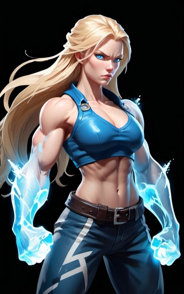 Prompt: Female figure. Greater bicep definition. Sharper, clearer blue eyes. Long Blonde hair flapping. Frostier, glacier effects. Fierce combat stance. Raging Fists. Icy Knuckles.