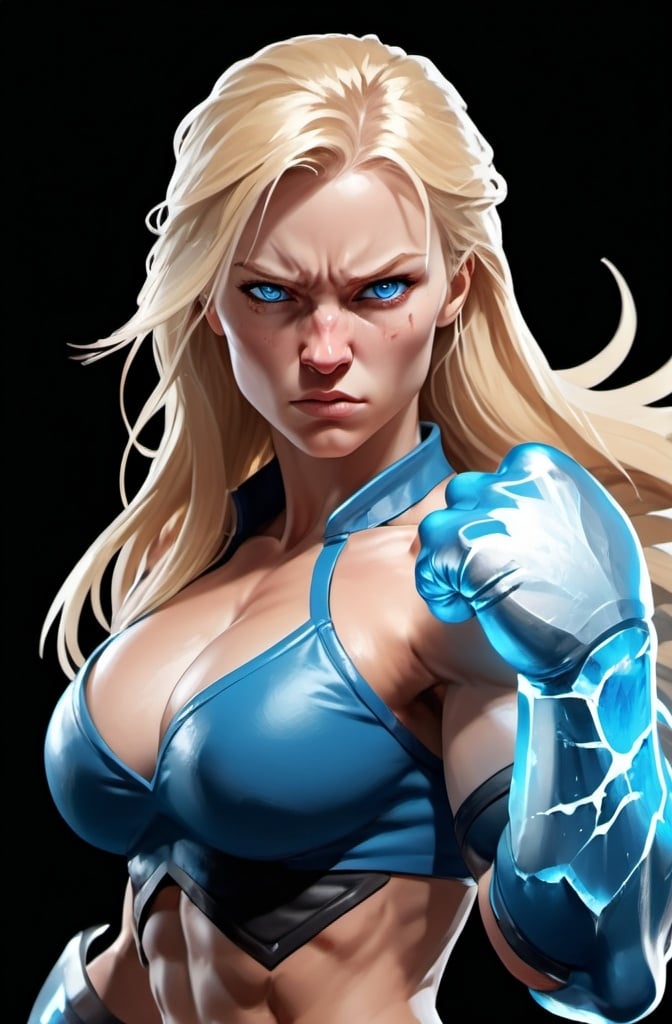 Prompt: Female figure. Greater bicep definition. Sharper, clearer blue eyes. Nosebleed. Long Blonde hair flapping. Frostier, glacier effects. Fierce combat stance. Raging Fists. Icy Knuckles.