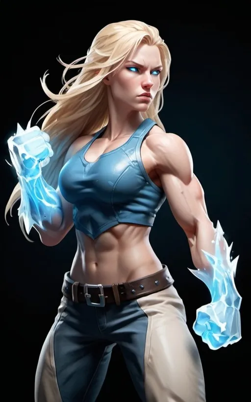 Prompt: Female figure. Greater bicep definition. Sharper, clearer blue eyes. Long Blonde hair flapping. Frostier, glacier effects. Fierce combat stance. Icy Knuckles. Raging Fists.