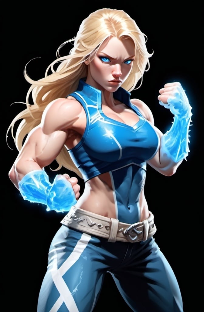 Prompt: Female figure. Greater bicep definition. Sharper, clearer blue eyes. Long Blonde hair flapping. Frostier, glacier effects. Fierce combat stance. Icy Knuckles. Raging Fists.