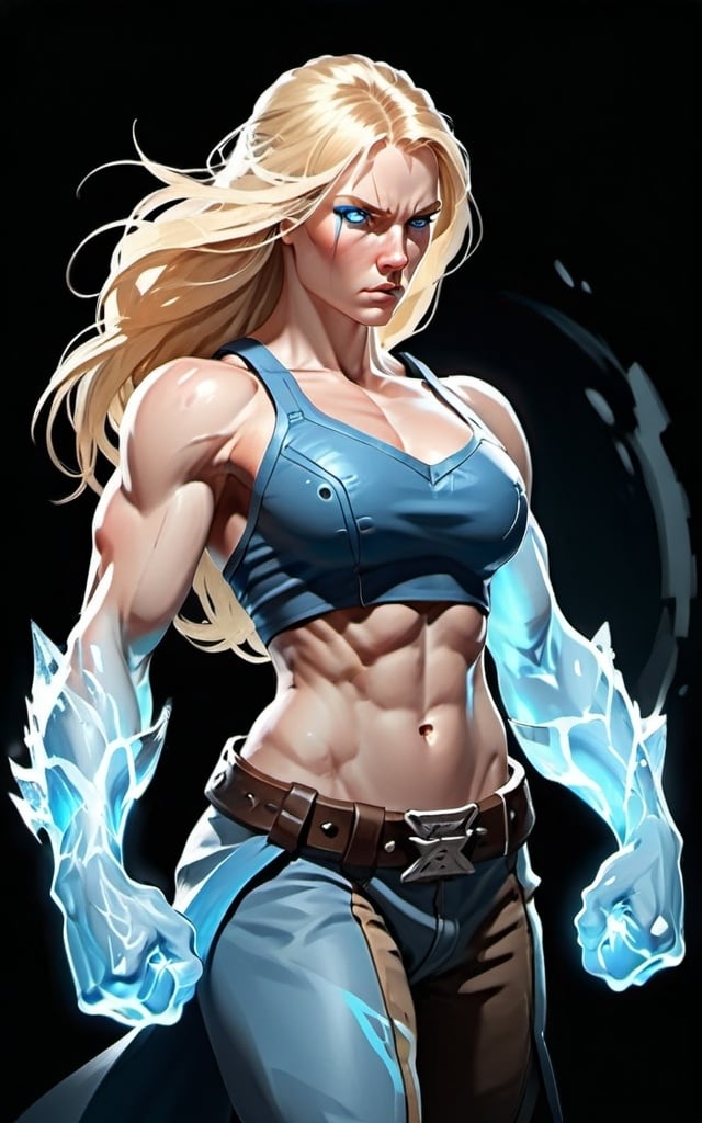 Prompt: Female figure. Greater bicep definition. Sharper, clearer blue eyes. Long Blonde hair flapping. Frostier, glacier effects. Fierce combat stance. Raging Fists.