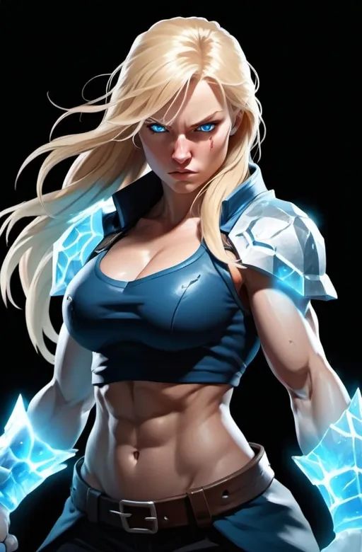 Prompt: Female figure. Greater bicep definition. Sharper, clearer blue eyes. Nosebleed. Long Blonde hair flapping. Frostier, glacier effects. Fierce combat stance. Raging Fists. Icy Knuckles. 