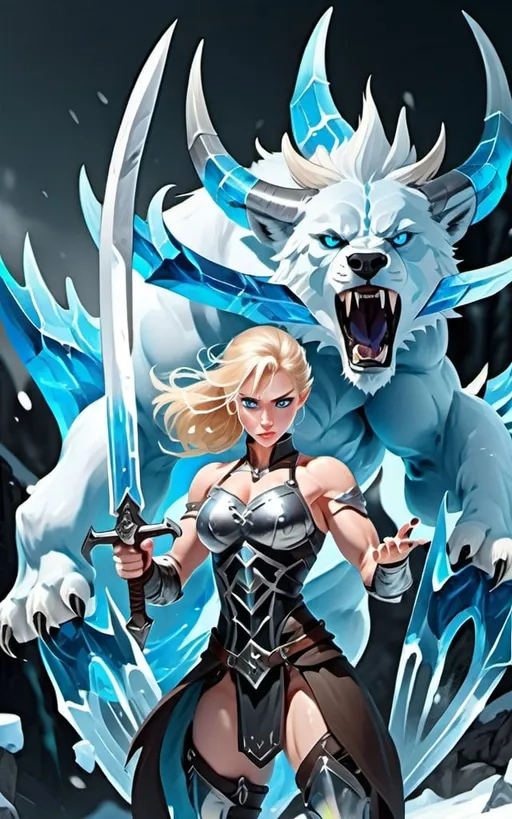 Prompt: Female figure. Greater bicep definition. Sharper, clearer blue eyes. Blonde hair flapping. Frostier, glacier effects. Fierce combat stance. Holding Ice Daggers.