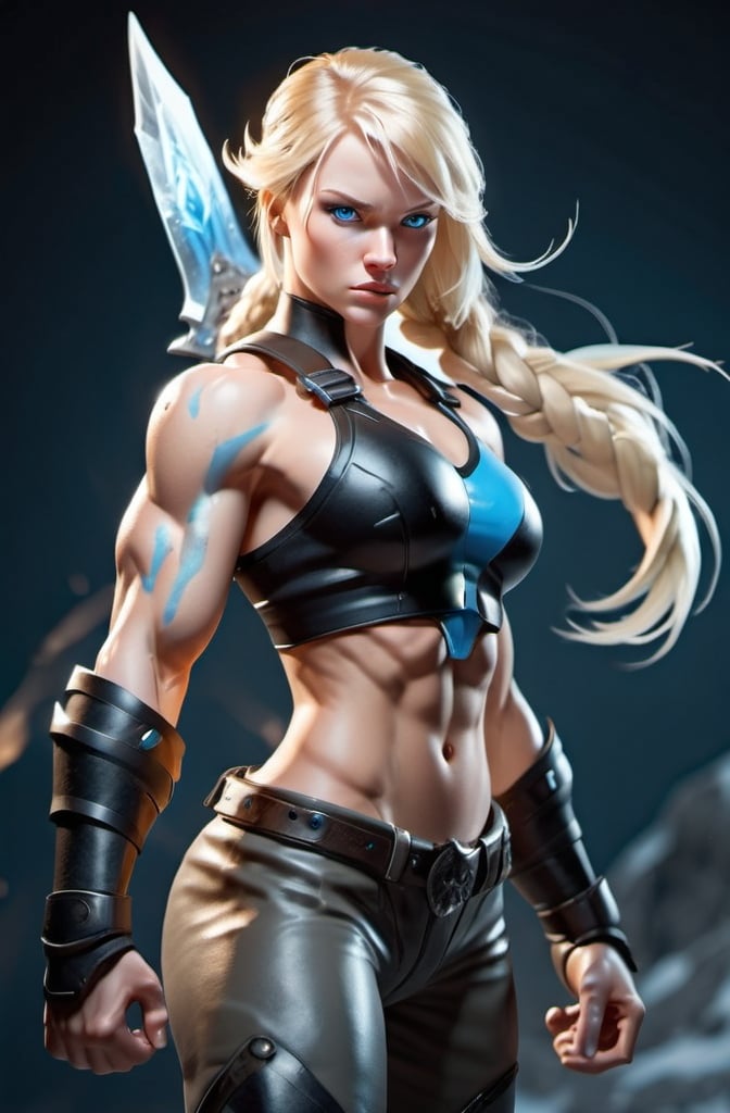 Prompt: Female figure. Greater bicep definition. Sharper, clearer blue eyes. Blonde hair flapping. Frostier, glacier effects. Fierce combat stance. 