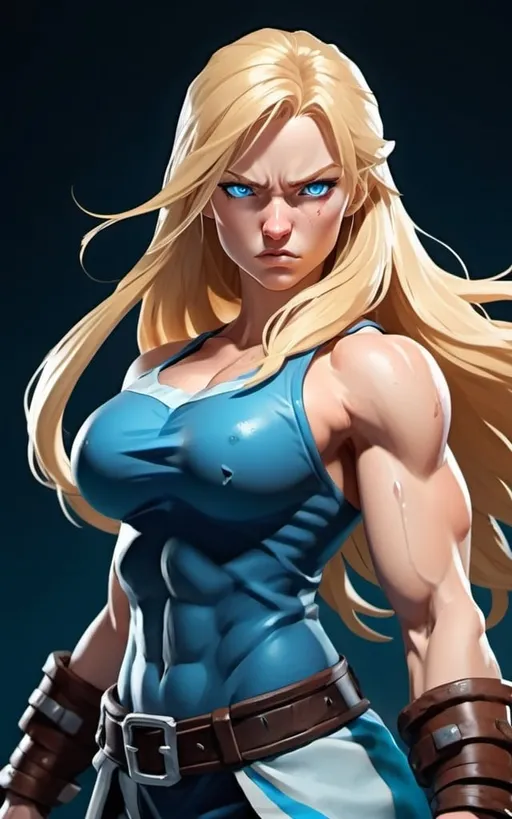 Prompt: Female figure. Greater bicep definition. Sharper, clearer blue eyes. Nosebleed. Long Blonde hair flapping. Frostier, glacier effects. Fierce combat stance. Raging Fists. Icy Knuckles. 