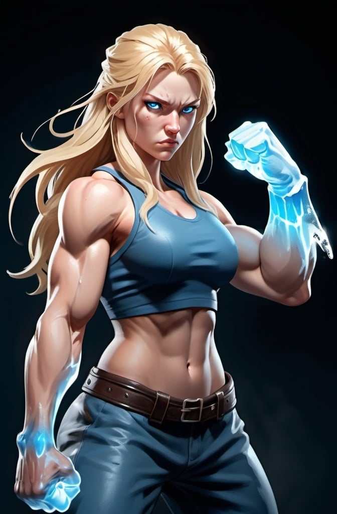 Prompt: Female figure. Greater bicep definition. Sharper, clearer blue eyes. Nosebleed. Long Blonde hair flapping. Frostier, glacier effects. Fierce combat stance. Raging Fists. Icy Knuckles. 