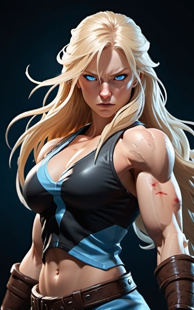 Prompt: Female figure. Greater bicep definition. Sharper, clearer blue eyes. Nosebleed. Long Blonde hair flapping. Frostier, glacier effects. Fierce combat stance. Raging Fists. Icy Knuckles. 