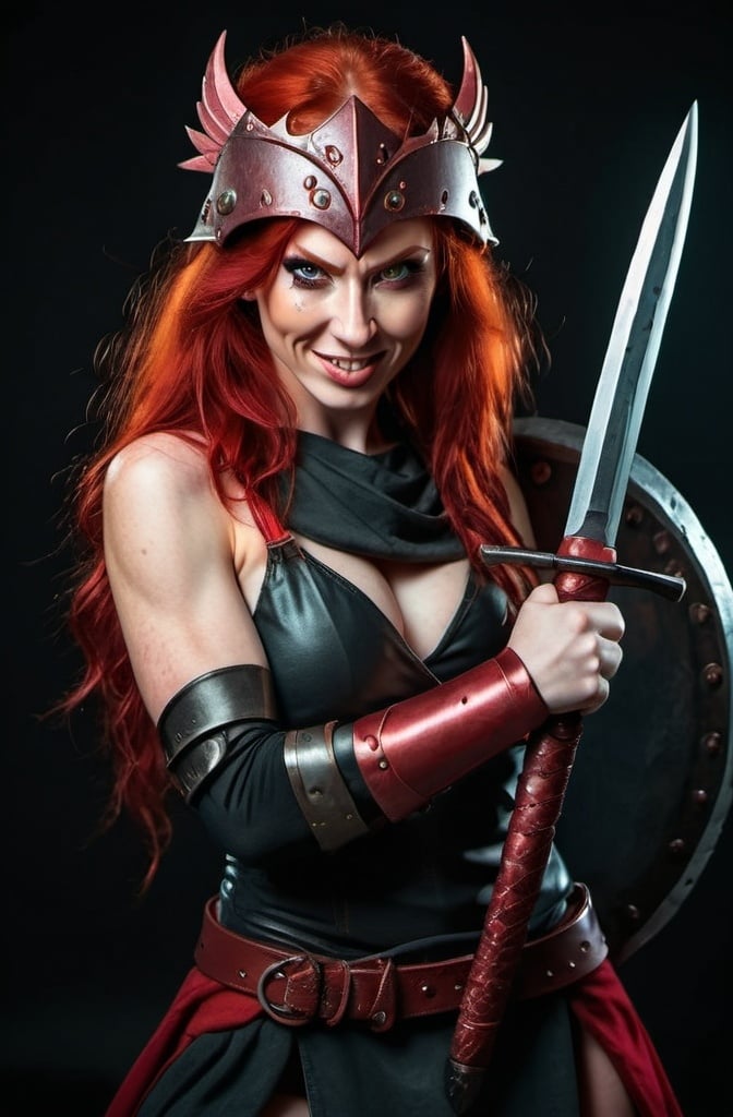 Prompt: Evil red-haired warrior woman with a mischievous grin. Carmine, red eyes. Fierce combat stance.