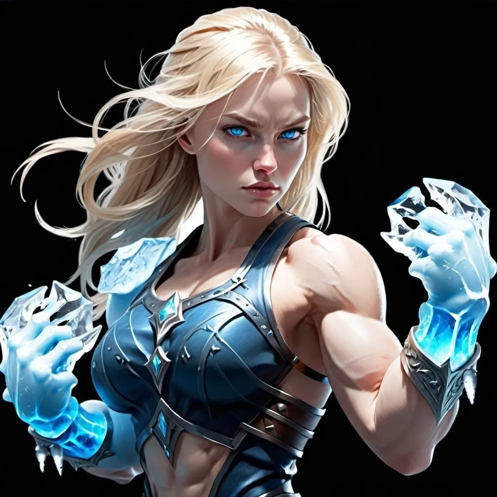 Prompt: Female figure. Greater bicep definition. Sharper, clearer blue eyes. Long Blonde hair flapping. Frostier, glacier effects. Fierce combat stance. Ice Daggers.