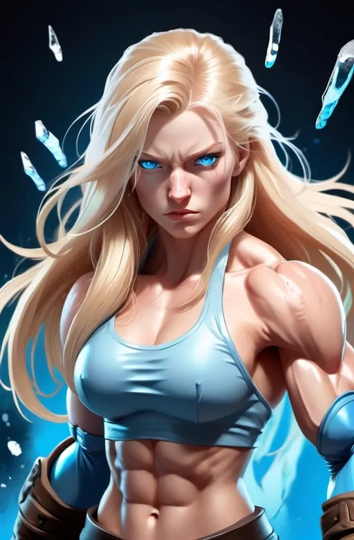 Prompt: Female figure. Greater bicep definition. Sharper, clearer blue eyes. Nosebleed. Long Blonde hair flapping. Frostier, glacier effects. Fierce combat stance. Raging Fists. Icy Knuckles.