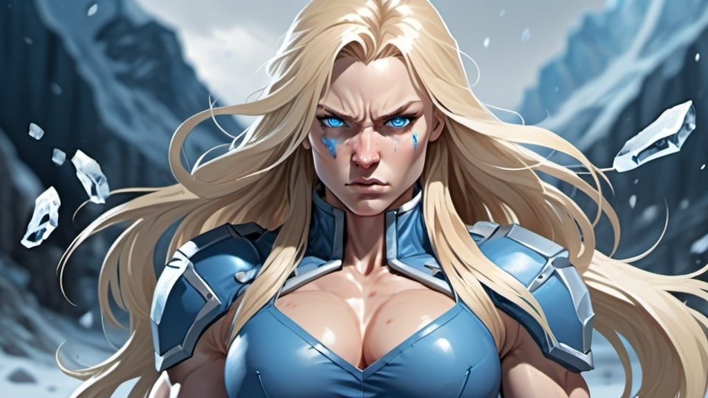 Prompt: Female figure. Greater bicep definition. Sharper, clearer blue eyes. Nosebleed. Long Blonde hair flapping. Blue outfit. Frostier, glacier effects. Fierce combat stance. Raging Fists. Icy Knuckles. 