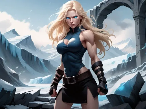 Prompt: Female figure. Greater bicep definition. Sharper, clearer blue eyes. Nosebleed. Long Blonde hair flapping. Frostier, glacier effects. Fierce combat stance. Raging Fists. Icy Knuckles.