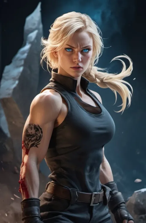 Prompt: Female figure. Greater bicep definition. Sharper, clearer blue eyes. Nose bleed. Blonde hair flapping. Frostier, glacier effects. Fierce combat stance. Raging Fists. 