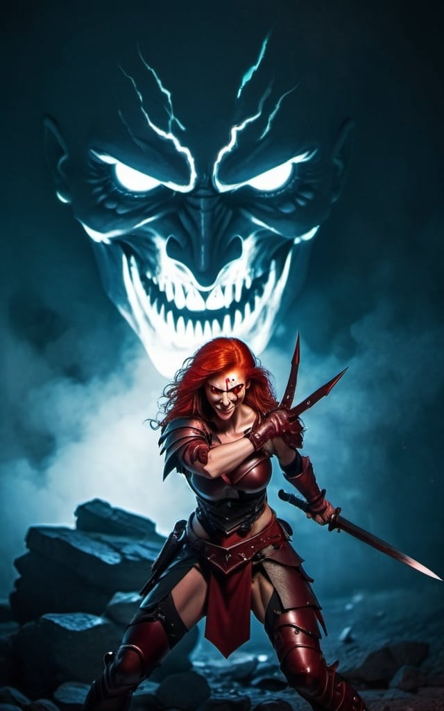 Prompt: Evil red-haired warrior woman with a mischievous grin. Carmine, red eyes. Fierce combat stance.