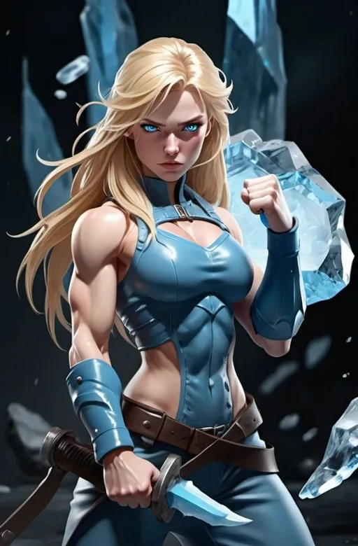 Prompt: Female figure. Greater bicep definition. Sharper, clearer blue eyes. Nosebleed. Long Blonde hair flapping. Frostier, glacier effects. Fierce combat stance. Icy Knuckles. 