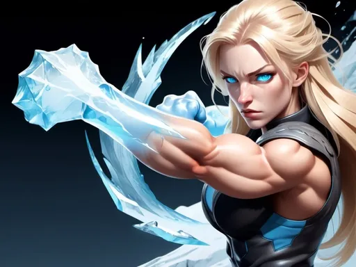 Prompt: Female figure. Greater bicep definition. Sharper, clearer blue eyes. Nosebleed. Long Blonde hair flapping. Frostier, glacier effects. Fierce combat stance. Raging Fists. Icy Knuckles.