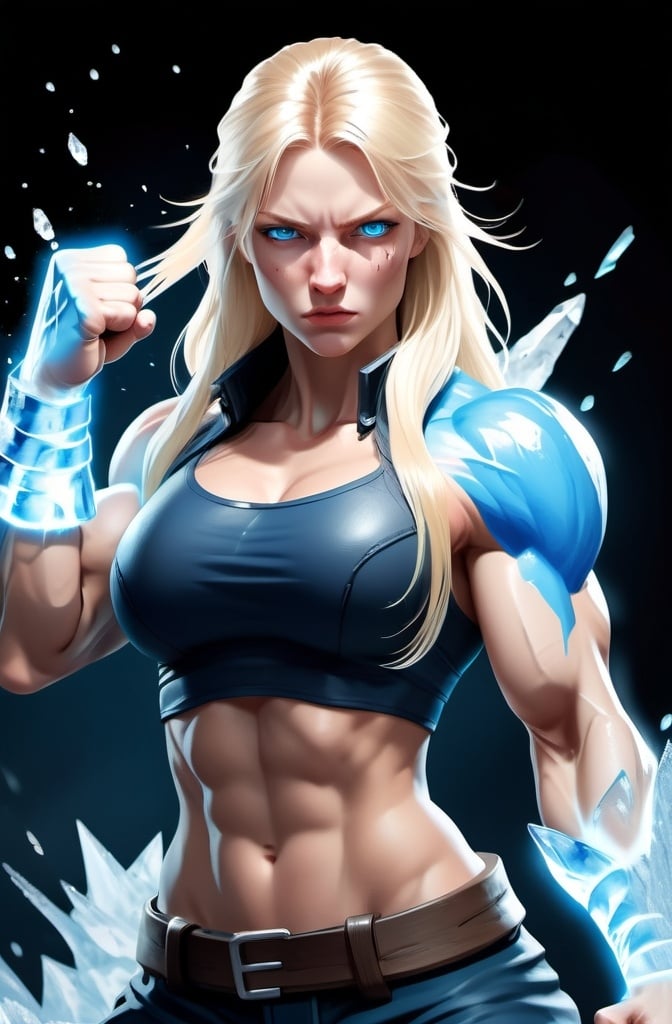 Prompt: Female figure. Greater bicep definition. Sharper, clearer blue eyes. Nosebleed. Long Blonde hair flapping. Frostier, glacier effects. Fierce combat stance. Raging Fists. Icy Knuckles.