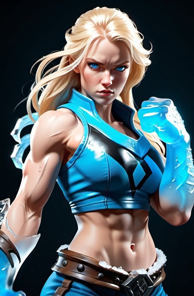 Prompt: Female figure. Greater bicep definition. Sharper, clearer blue eyes. Long Blonde hair flapping. Frostier, glacier effects. Fierce combat stance. Ice Fists.