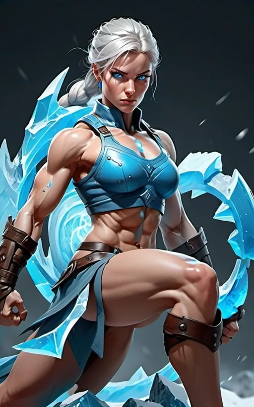 Prompt: Female figure. Greater bicep definition. Sharper, clearer blue eyes.  Frostier, glacier effects. Fierce combat stance. 