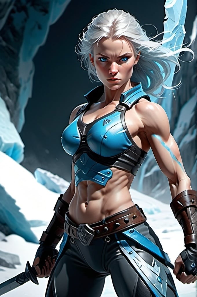 Prompt: Female figure. Greater bicep definition. Sharper, clearer blue eyes.  Frostier, glacier effects. Fierce combat stance. 