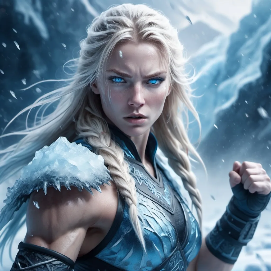 Prompt:  Female figure. Greater bicep definition. Sharper, clearer blue eyes. Nosebleed. Long Blonde hair flapping. Frostier, glacier effects. Fierce Martial arts stance Raging Fists. Icy Knuckles.