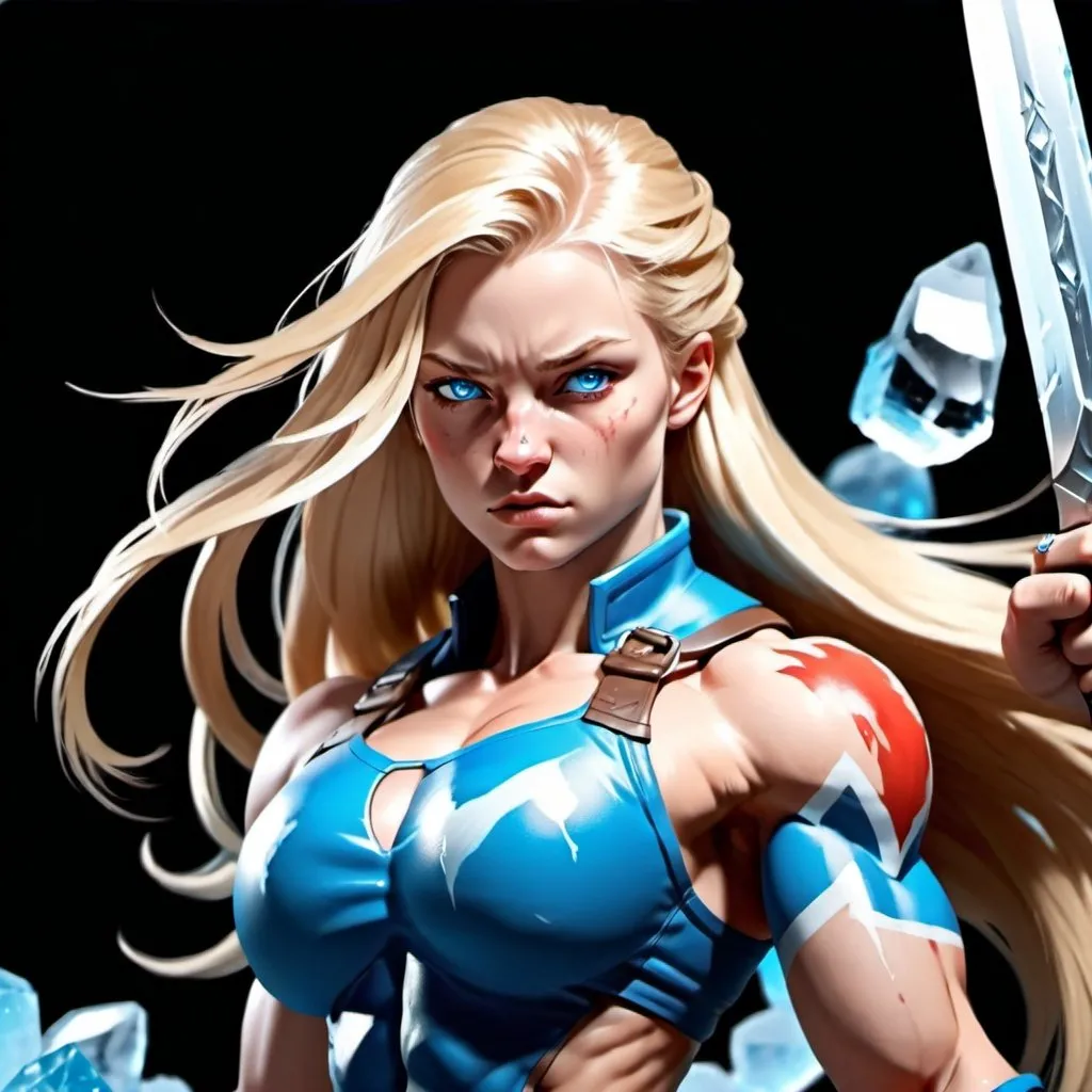 Prompt: Female figure. Greater bicep definition. Sharper, clearer blue eyes. Nosebleed. Long Blonde hair flapping. Frostier, glacier effects. Fierce combat stance. Icy Knuckles.