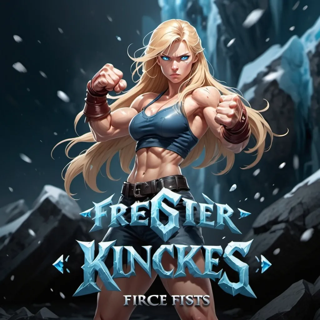 Prompt:  Female figure. Greater bicep definition. Sharper, clearer blue eyes. Nosebleed. Long Blonde hair flapping. Frostier, glacier effects. Fierce combat stance. Raging Fists. Icy Knuckles. 