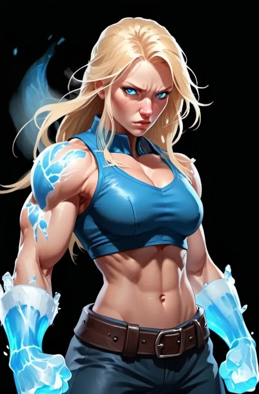 Prompt: Female figure. Greater bicep definition. Sharper, clearer blue eyes. Nosebleed. Long Blonde hair flapping. Frostier, glacier effects. Fierce combat stance. Raging Fists. Icy Knuckles. 