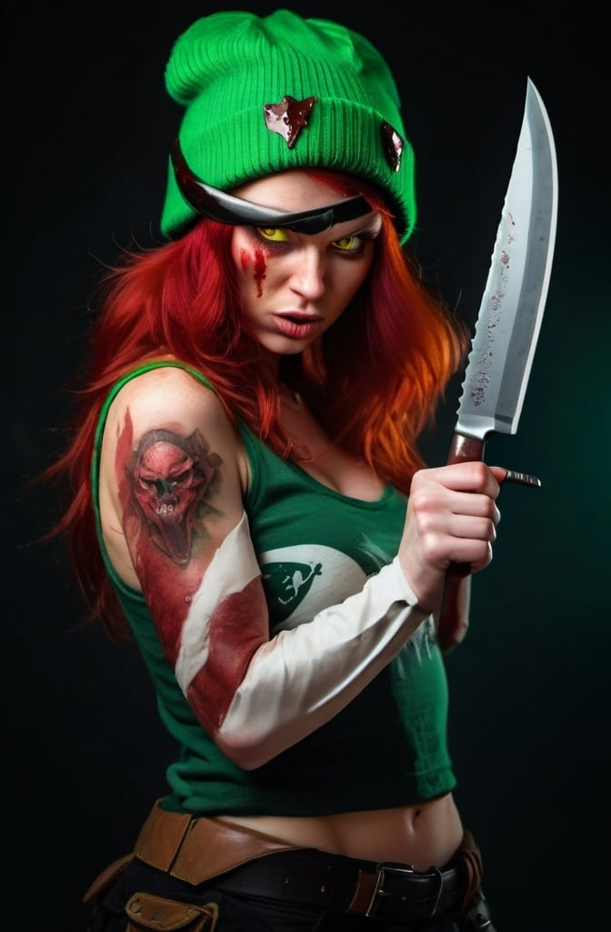 Prompt: Evil red-haired warrior woman, wearing a green beanie and a mischievous smirk. Carmine, red eyes. Fierce combat stance. Licking her knife.