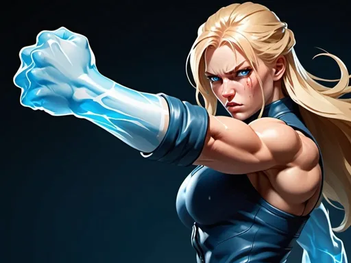 Prompt: Female figure. Greater bicep definition. Sharper, clearer blue eyes. Nosebleed. Long Blonde hair flapping. Frostier, glacier effects. Fierce combat stance. Raging Fists. Icy Knuckles. Wearing Pants. 