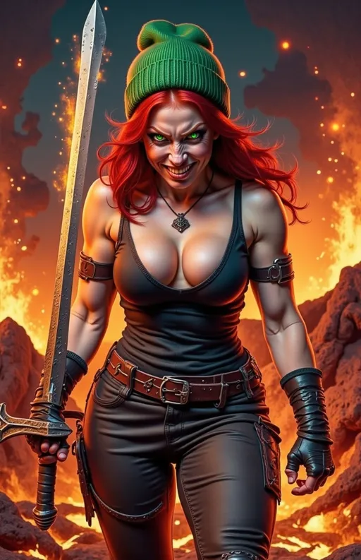 Prompt: @wbV7YKlXTFt2cBPb46HT A fierce female warrior in a dynamic combat stance, her body poised for action, with glowing lava fists ready to strike. Her expression is one of confidence, highlighted by an evil smirk that conveys her determination. The scene is set in a volcanic landscape, with molten lava bubbling around her feet and ash swirling in the air, creating an intense atmosphere. The lighting is dramatic, with the fiery glow of the lava illuminating her figure and casting flickering shadows. The camera angle is low, emphasizing her powerful stance and the chaotic environment, capturing the energy of the moment as she prepares for battle.