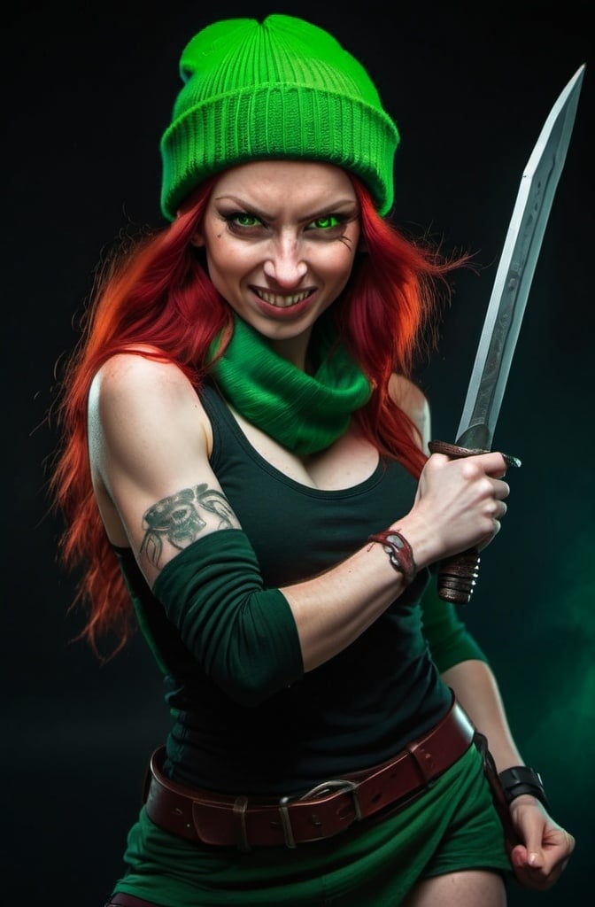 Prompt: Evil red-haired warrior woman, wearing a green beanie and a mischievous smirk. Carmine, red eyes. Fierce combat stance. 