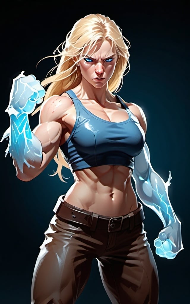 Prompt: Female figure. Greater bicep definition. Sharper, clearer blue eyes. Nosebleed. Long Blonde hair flapping. Frostier, glacier effects. Fierce combat stance. Icy Knuckles. Enraged.