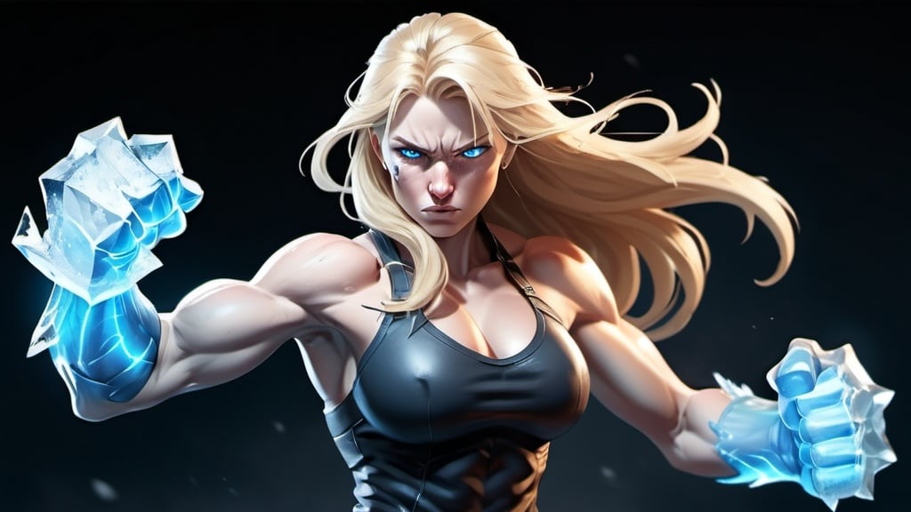 Prompt: Female figure. Greater bicep definition. Sharper, clearer blue eyes. Nosebleed. Long Blonde hair flapping. Frostier, glacier effects. Fierce combat stance. Raging Fists. Icy Knuckles. 