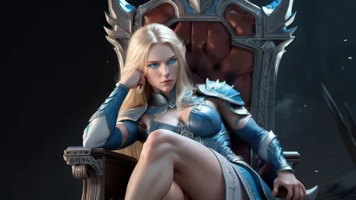 Prompt: Female figure. Greater bicep definition. Sharper, clearer blue eyes. Long Blonde hair flapping. Frostier, glacier effects. Fierce combat stance. She is sitting on a throne, resting her cheek on her hand.