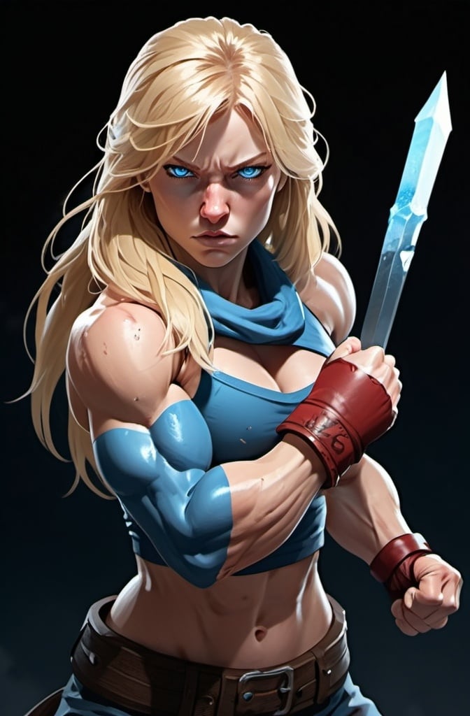 Prompt: Female figure. Greater bicep definition. Sharper, clearer blue eyes. Nosebleed. Long Blonde hair flapping. Frostier, glacier effects. Fierce combat stance. Raging Fists. Icy Knuckles.