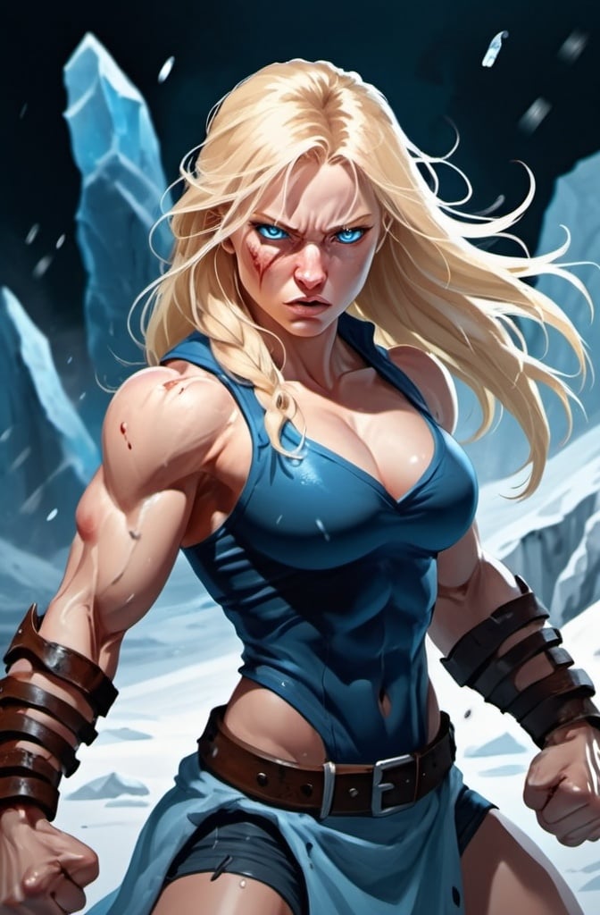 Prompt: Female figure. Greater bicep definition. Sharper, clearer blue eyes. Bleeding. Long Blonde hair flapping. Frostier, glacier effects. Fierce combat stance. Raging Fists. Icy Knuckles.