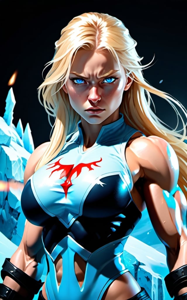 Prompt: Female figure. Greater bicep definition. Sharper, clearer blue eyes. Nosebleed. Long Blonde hair flapping. Frostier, glacier effects. Fierce combat stance. Icy Knuckles.