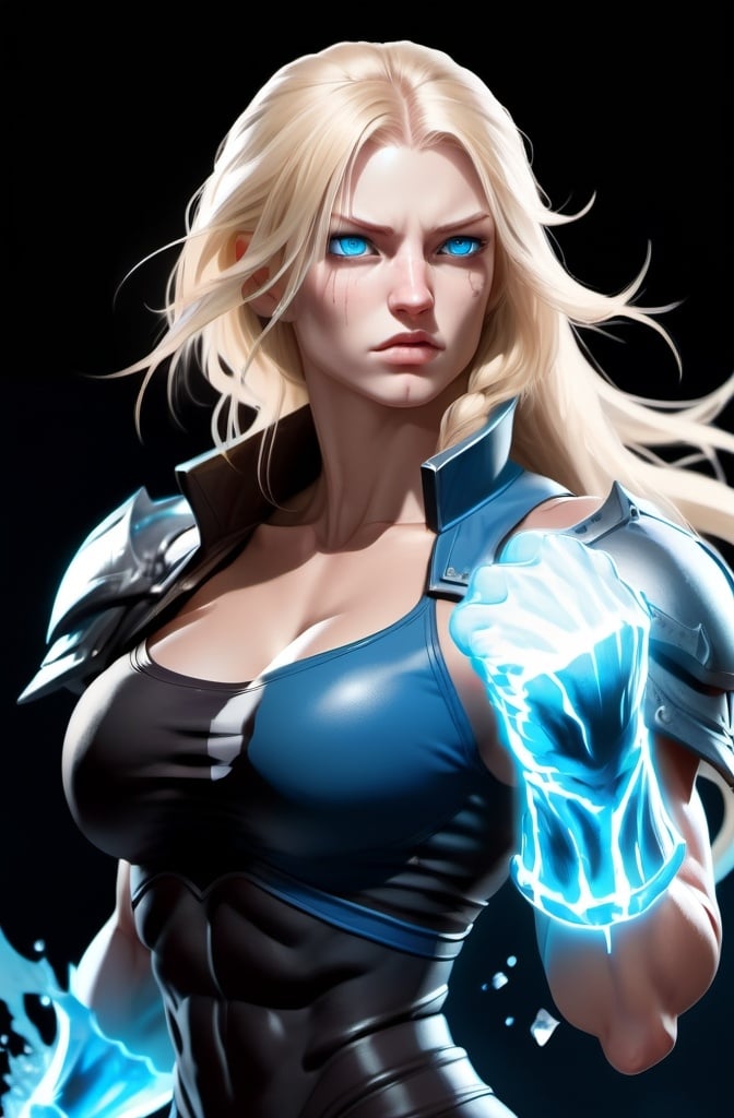 Prompt: Female figure. Greater bicep definition. Sharper, clearer blue eyes. Nosebleed. Long Blonde hair flapping. Frostier, glacier effects. Fierce combat stance. Raging Fists. Icy Knuckles.